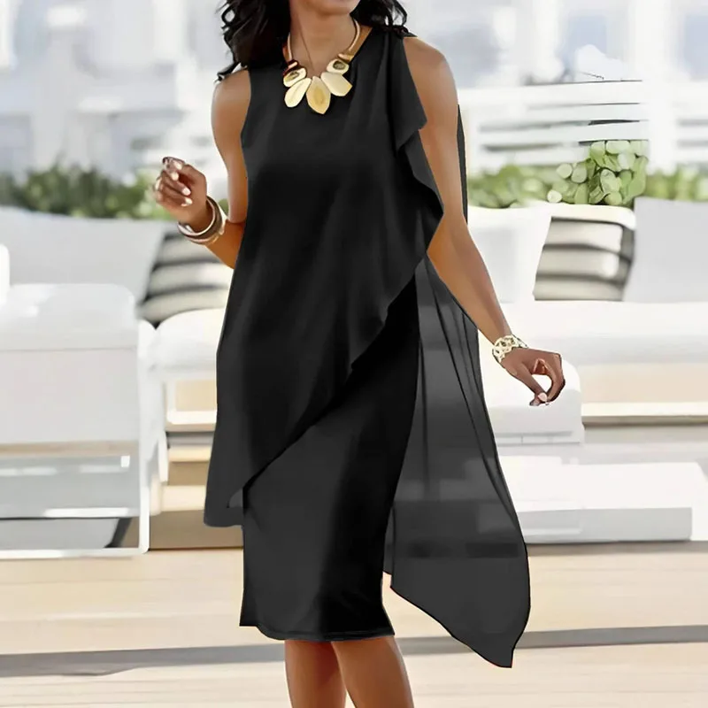 Elegante irregular retalhos chiffon vestido da mulher verão o pescoço sem mangas senhora do escritório vestido casual magro sólido em camadas vestido longo