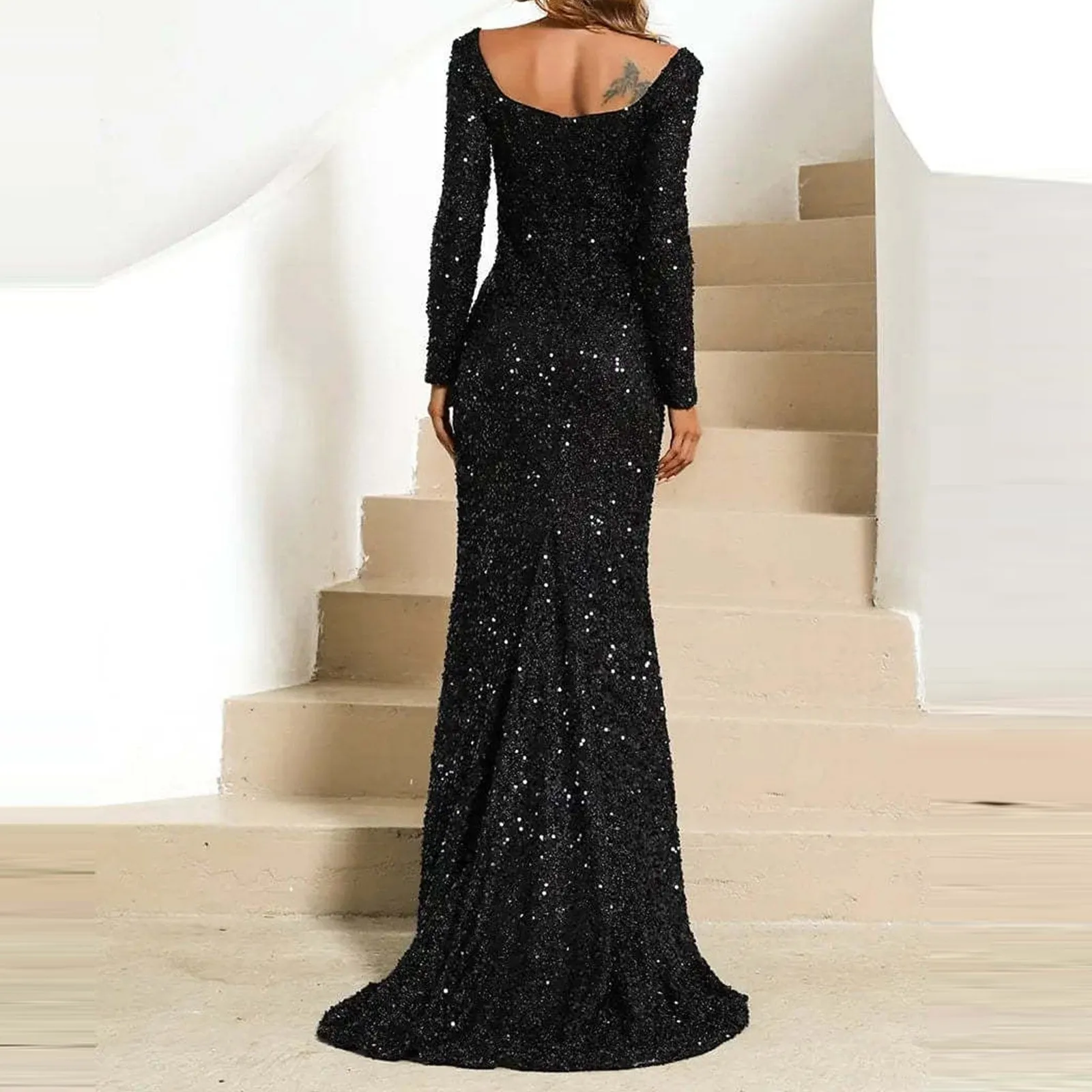 Women Modest Stretch Sequin O Neck Evening Prom Gown Party Long Dresses Full Sleeved Mermaid Formal Dinner Elegant Dress