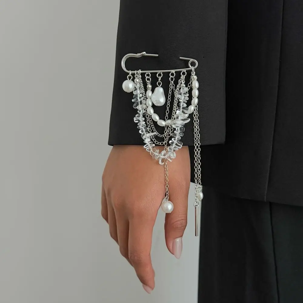 High Quality Alloy Tassel Chain Brooch Jewelry Accessories Exaggerated Clothing Tie Pin Silver Color Bead Fixed Ornament Men