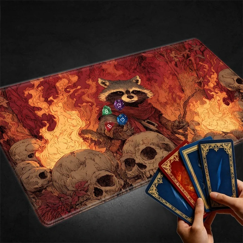 Hybrid human-beast raccoon on the Hellfire and Skulls TCG game mat, Gothic macabre design game mat suitable for collectible card