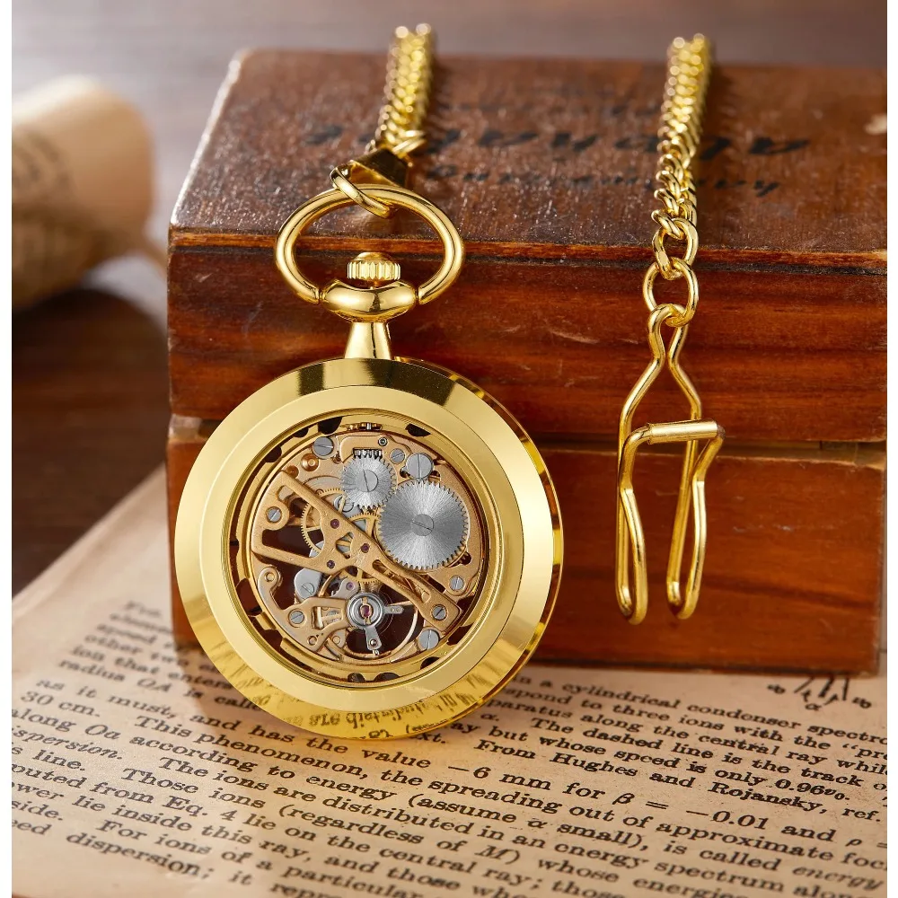 Relógio de bolso dourado mecânico com corrente FOB para homens, steampunk, vintage, fob, colar, pingente, oco, retro, homens