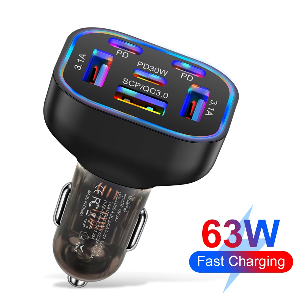 63W Seven Color Gradient Breathing Light 63W 3USB+3PD Car Charger Fast Charging Phone Adapter For Xiaomi Charger Adapter Socke