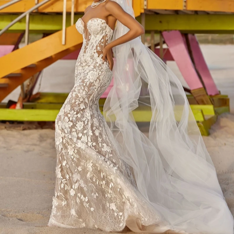 Luxo champanhe dubai árabe sereia vestidos de casamento applique rendas miçangas tull tribunal trem vestido de casamento vestidos de noiva