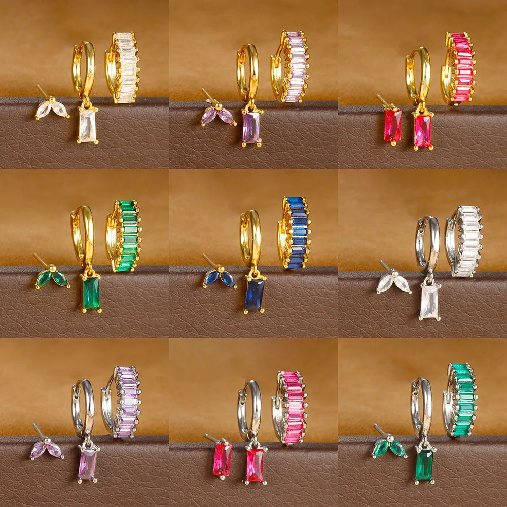 3 szt. Zestawy kwadratowe kolczyki ze stali nierdzewnej dla kobiet w stylu Vintage wisiorek z cyrkonią geometrii okrągłe kółka kolczyki Piercing biżuteria