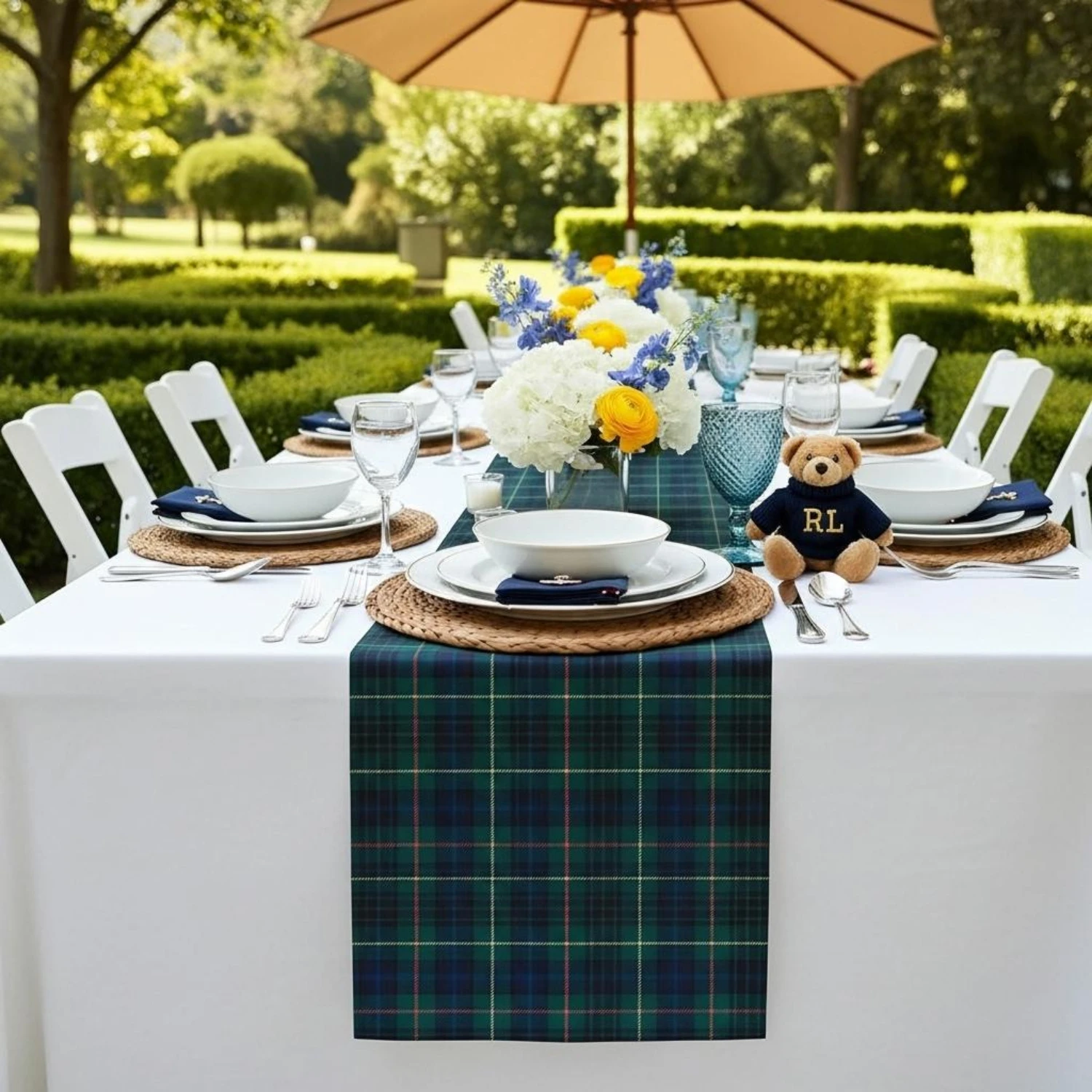 Vintage Preppy Baby Shower Table Runner Navy & Green Tartan Plaid Table Decor Old Money Aesthetic Luxury Equestrian Shower Table