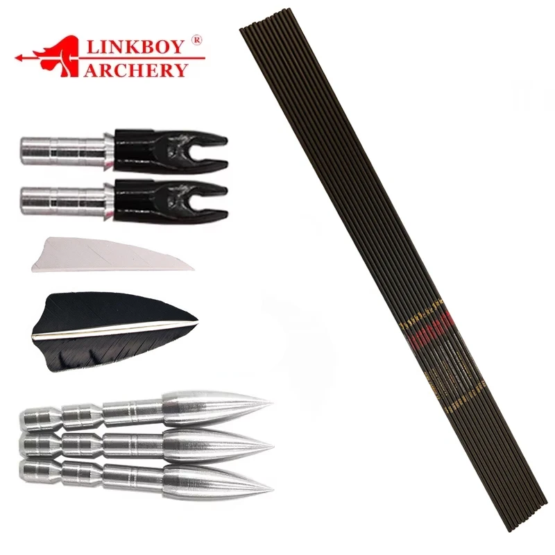 

12pcs Linkboy Archery Carbon Arrow ID4.2mm Shaft Insert Nock 3inch Turkey Feather Traditional Recurve Bow hunting Shooting