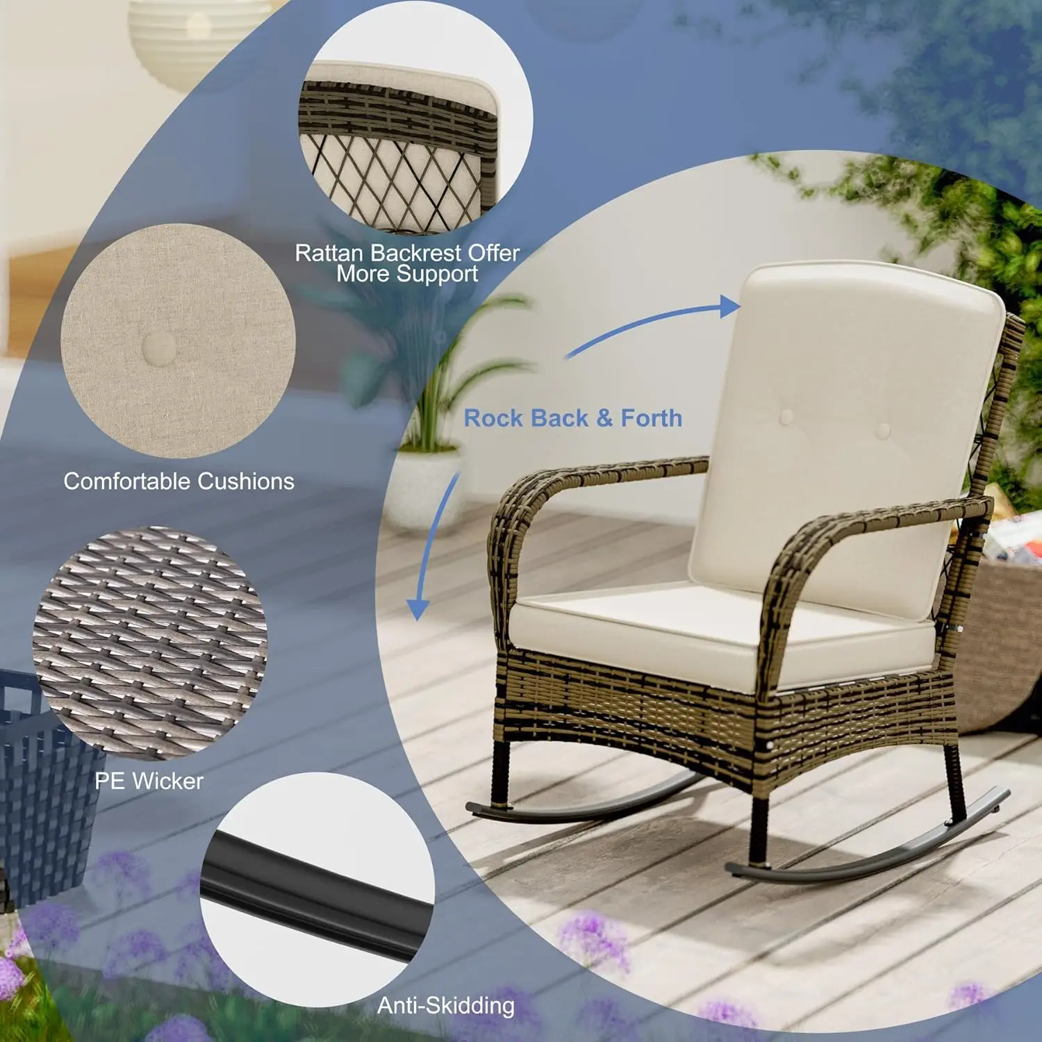 3 Pieces Patio Conversation Set, Outdoor Rocking Chairs, Wicker Bistro Set, Outdoor Furniture Set with Porch Chairs