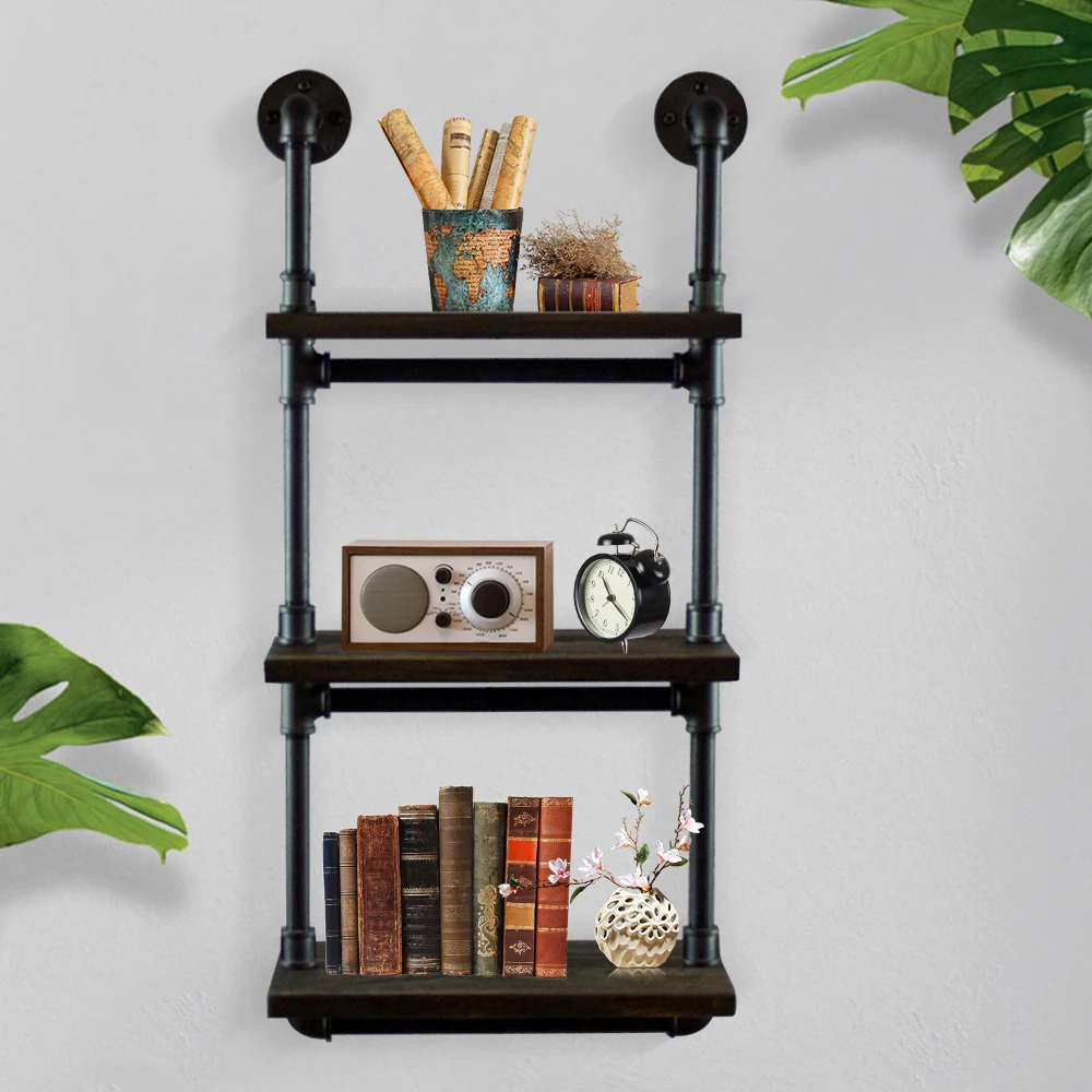 Industrial 3-Tiered Wall Mounted Pipe Shelf Rack Multipurpose Metal With Reclaimed Wood Finish