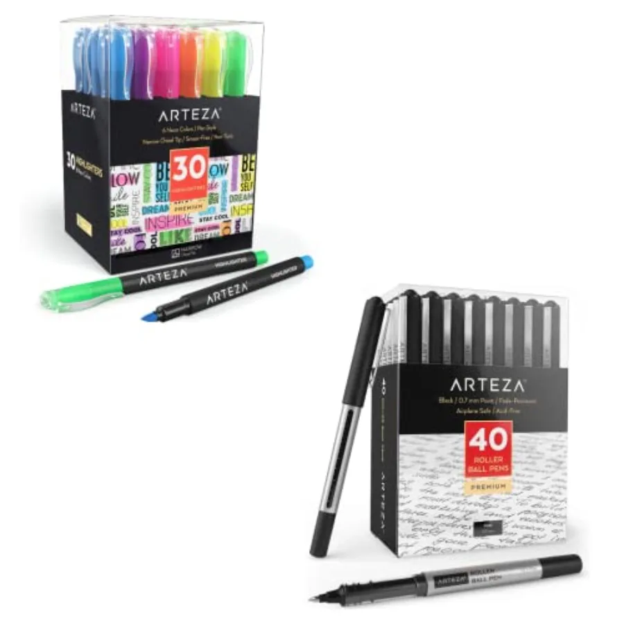 

Набор маркеров-выделителей (30 шт.) с узким долотовидным наконечником, оптовая упаковка, 6 различных неоновых цветов, и набор роллерных ручек (40 шт.), 0,7 мм, черные чернила.