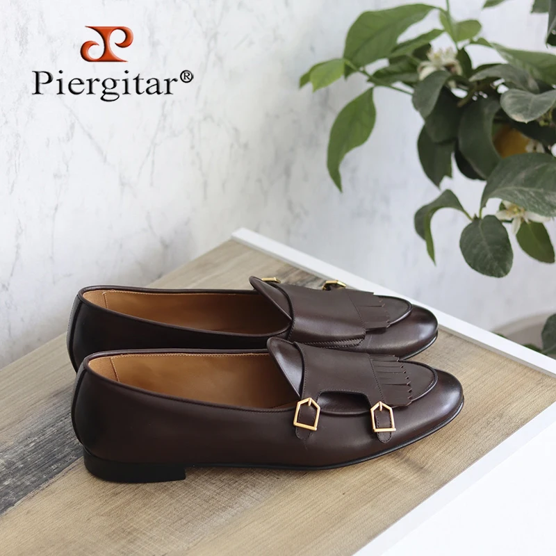 Piergitar 2025 Dark Brown Nappa Calfskin Double-Monk Belgian Loafers With Fringes And Metal Buckles Slip-On Men Smoking Slippers