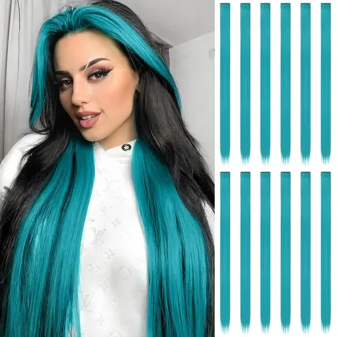 12 extensiones de cabello azul azulado con clip, extensión de reflejos de fiesta de colores para niños y niñas, postizo sintético recto de 22 pulgadas