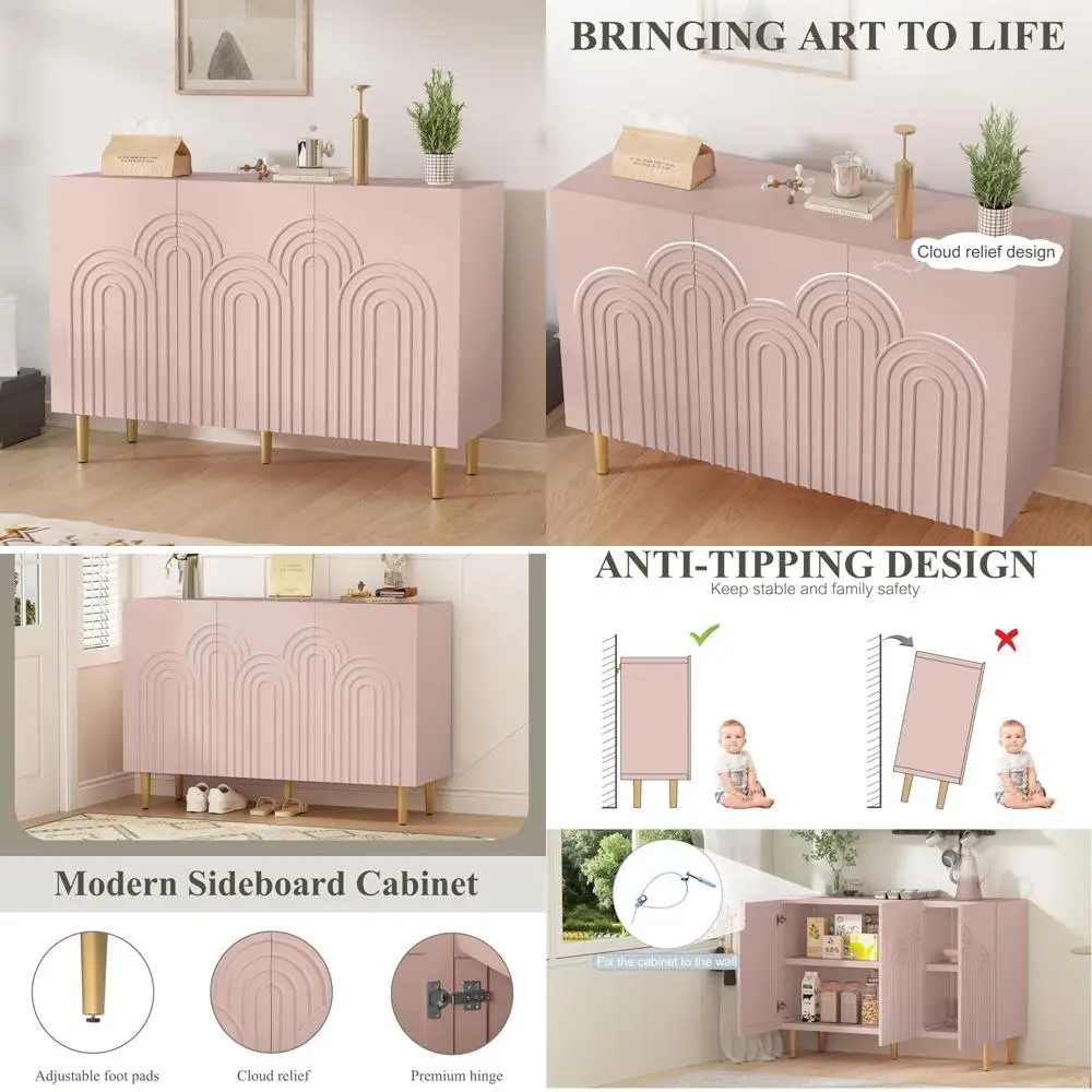 47 Cloud-Inspired Accent Cabinet with 3 Doors, Ideal for Living, Dining, and Entry Spaces in Pink