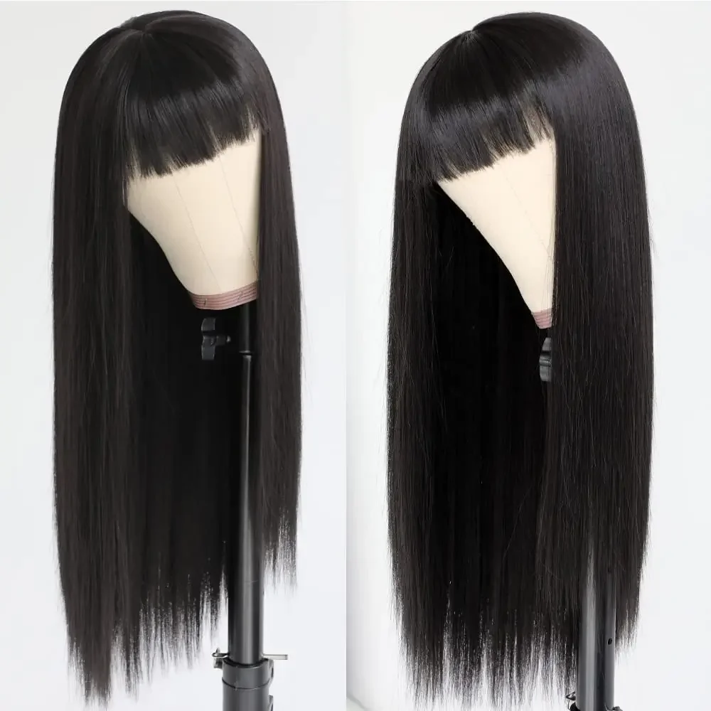 28 Inch Black Synthetic Hair Wig With Full Bangs Long Straight Wig Natural Soft Hair Heat Resistant Silk Headpiece For Women