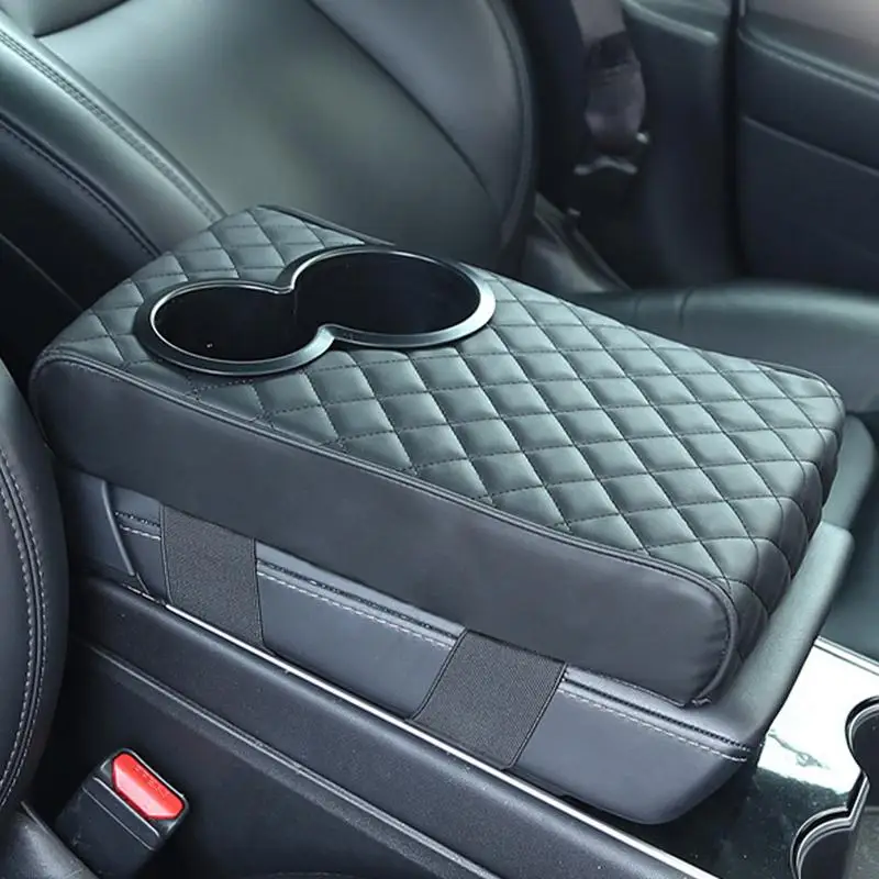 car Center Console Armrest Cushion With 2 Cup Holder PU Leather Armrest Pad Portable Car Amrest Pillow Cover Height Pad