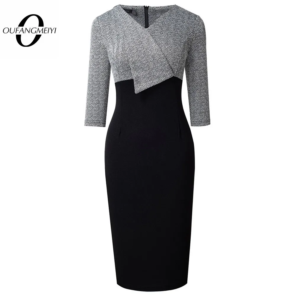 Autumn Women Classy Black and Gray Patchwork Dresses Business Office Elegant Sheath Dress EB790