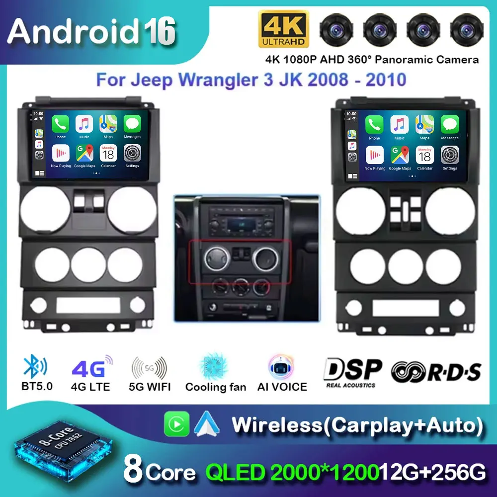 CarPlay Android 16 do Jeep Wrangler Unlimited 3 JK 2008 - 2010 Kamera 360° GPS Nawigacja Radio Samochodowe 4G LTE WiFi DVD