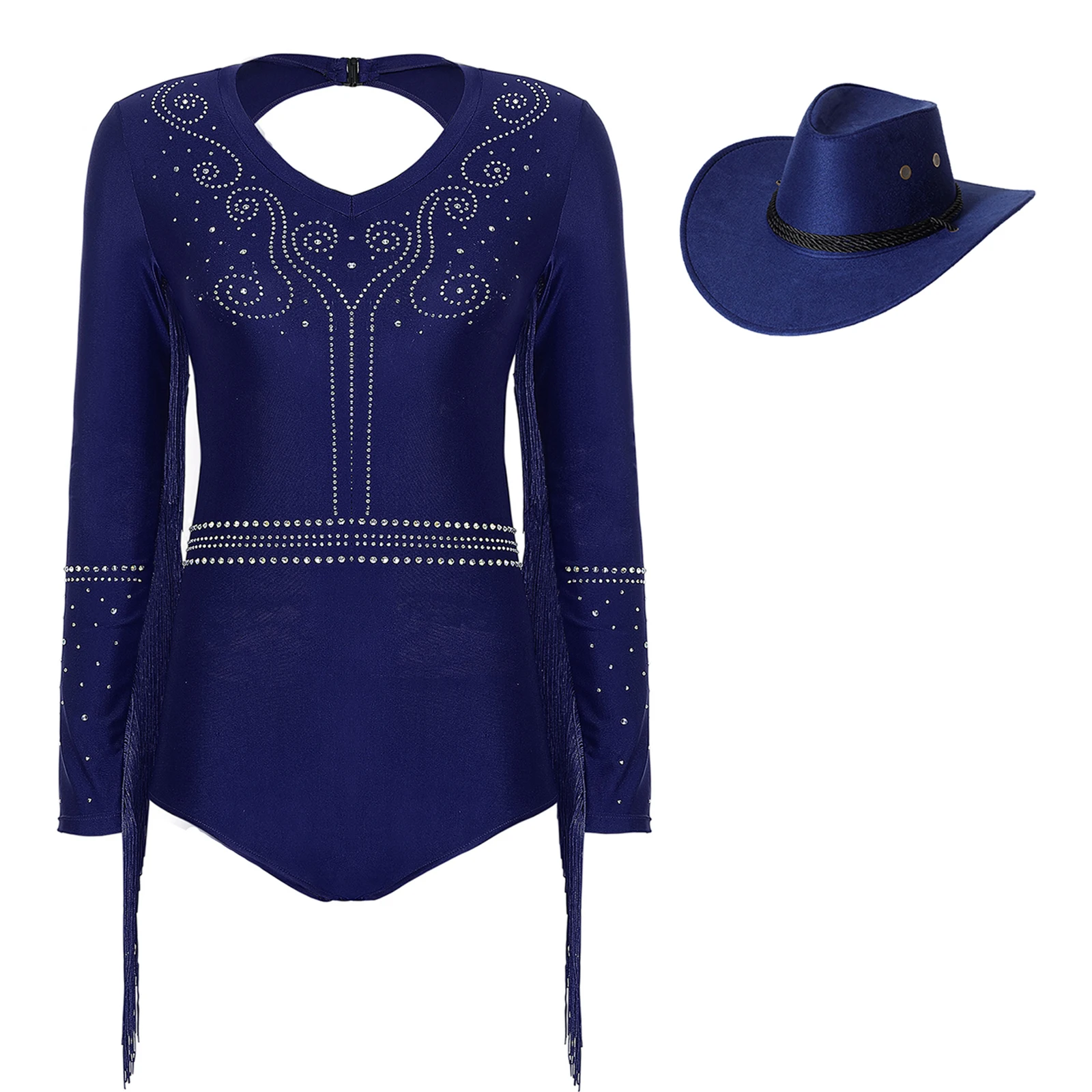 Mulheres latina jazz dança collant traje tango palco desempenho conjunto borla com decote em v espumante strass recorte volta vestido chapéu