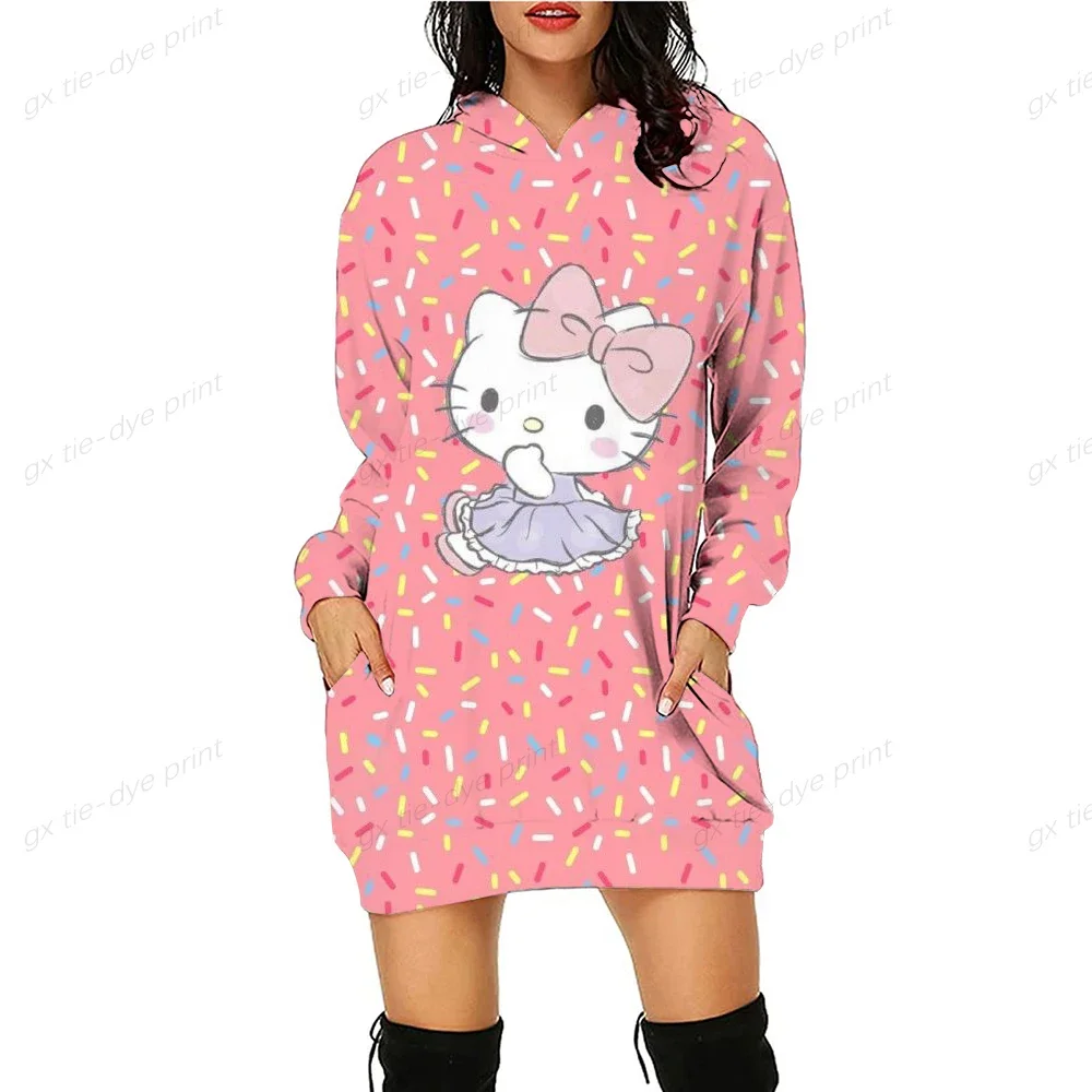 HELLO KITTY Women\'s Sweater Dress Long Hooded Hooded Dress Fall Anime 3D Dye Print Pullover Casual Women\'s Sexy Sweater Dress