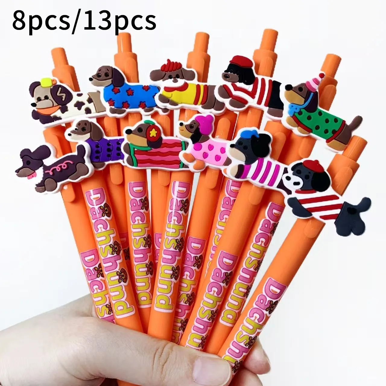 

8pcs/13pcs Orange Dachshund Pattern Retractable Ballpoint Pens, Festival Gift & Student Stationery