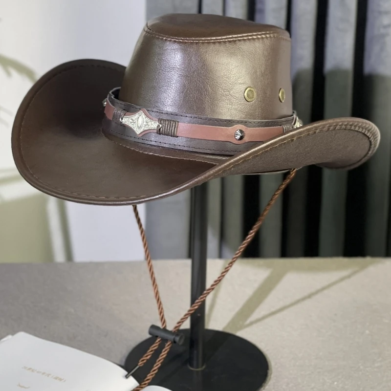 

Outdoor Rolled Brim Cowboy Hat for Woman Men PU Leather Cowboy Hat with Hat Band American Large Brim Windproof Hat