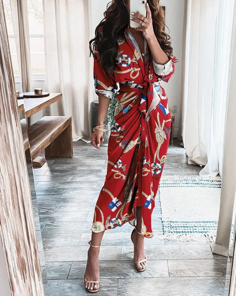Gerafftes Midikleid mit Bindegürtel, V-Ausschnitt, langen Ärmeln und geschlitztem Saum – elegantes Outfit für den täglichen Büro- und Pendelverkehr – Detail 8