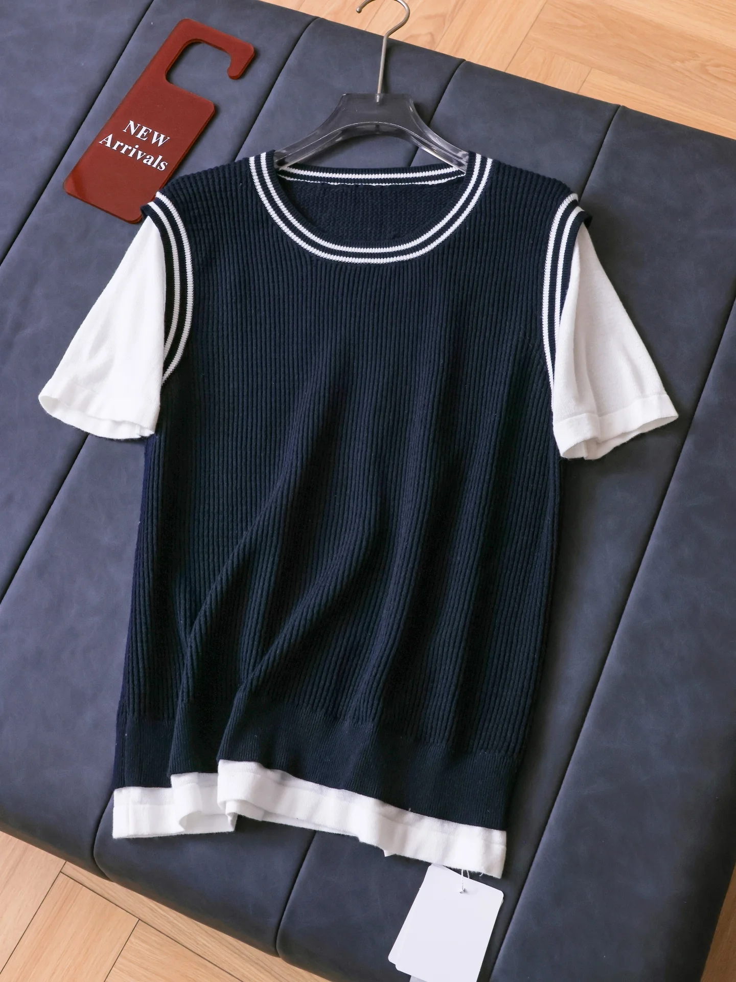 

Soft Skin-Friendly Breathable Color Block Knitwear round Neck Short Sleeve Women's Casual Style Summer New Arrival T240