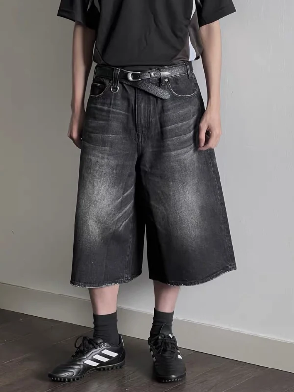 

American Style Vintage Black Denim Wide Leg Seven-Foot Pants Women's Loose Fit High Street Style Summer New Arrival Shorts