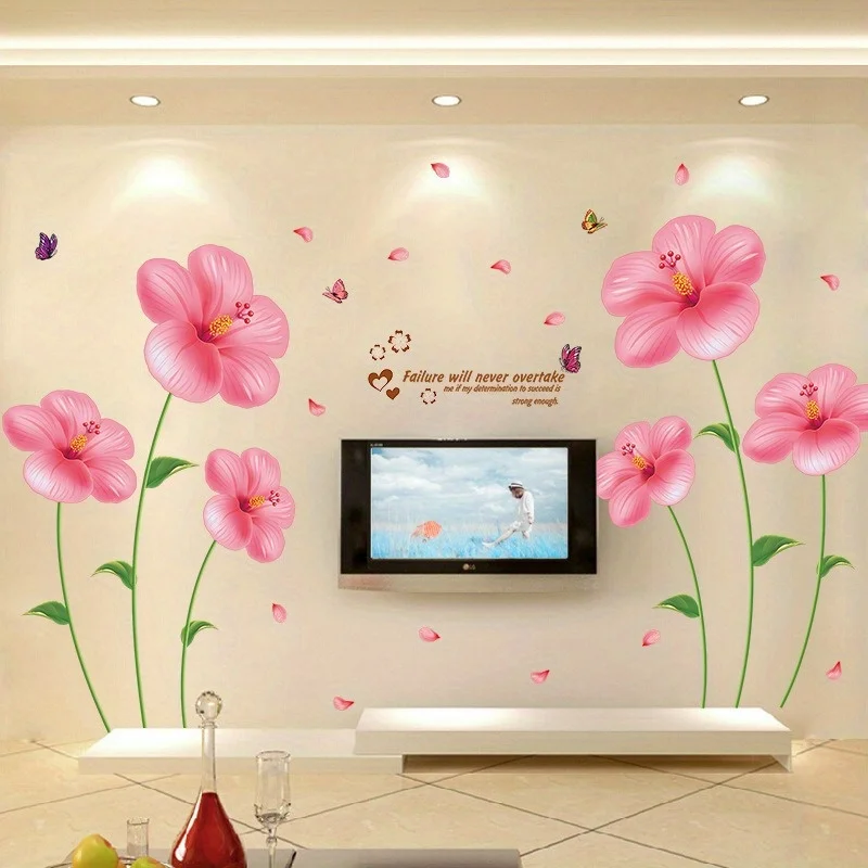 2-Pack Creative Pink Falling Flower Wall Stickers for Bathroom, Bedroom & Living Room Decor - Contemporary PVC Design