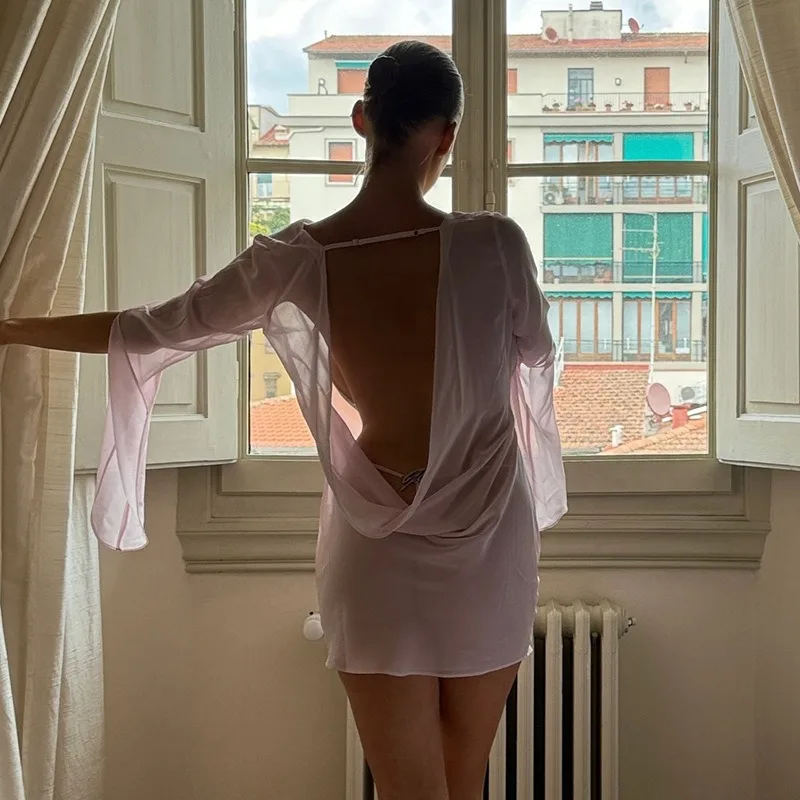 แขนยาวคอแกว่งBacklessสีชมพูSheerตาข่ายมินิเซ็กซี่ชุดFlareยาวเสื้อ \ \ \ \ \ \ \ \ \ \ \ \ \ \ ฤดูร้อนดูผ่านNightหลวม