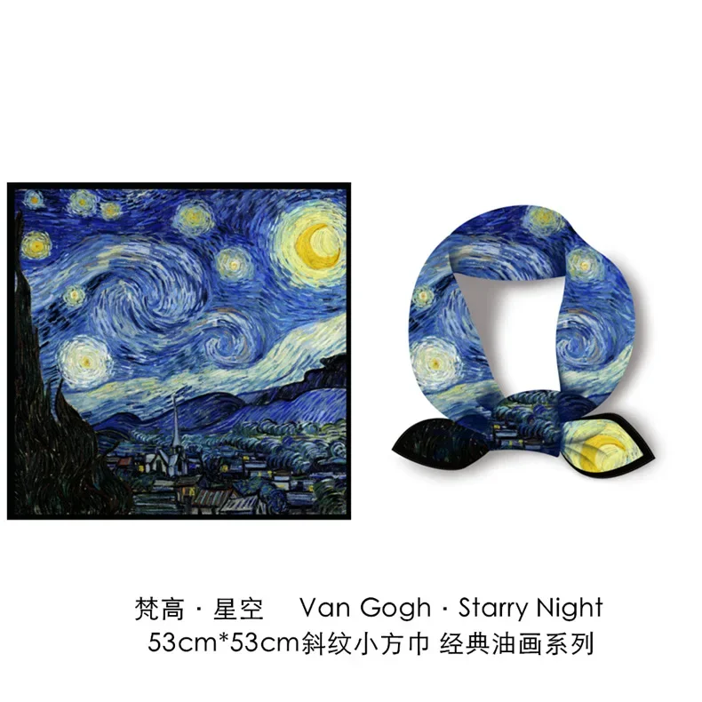 

53Cm small square silk scarf retro oil painting printed silk scarf twill silk