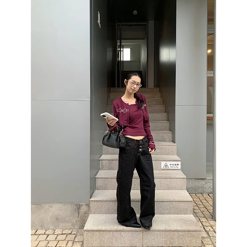 Benuynffy ريترو زر يطير منخفضة الارتفاع الجينز للنساء 2025 الخريف الشتاء موضة فضفاضة بنطال ذو قصة أرجل واسعة ملابس امرأة الشارع جديد #3