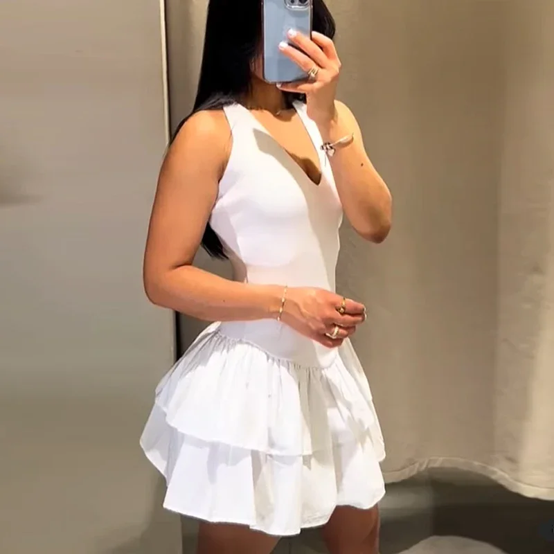 Vestidos femininos 2025 halter rosa mini vestidos chique com decote em v camada babados bainha vestido uma linha vestido de verão senhoras rua festa wear