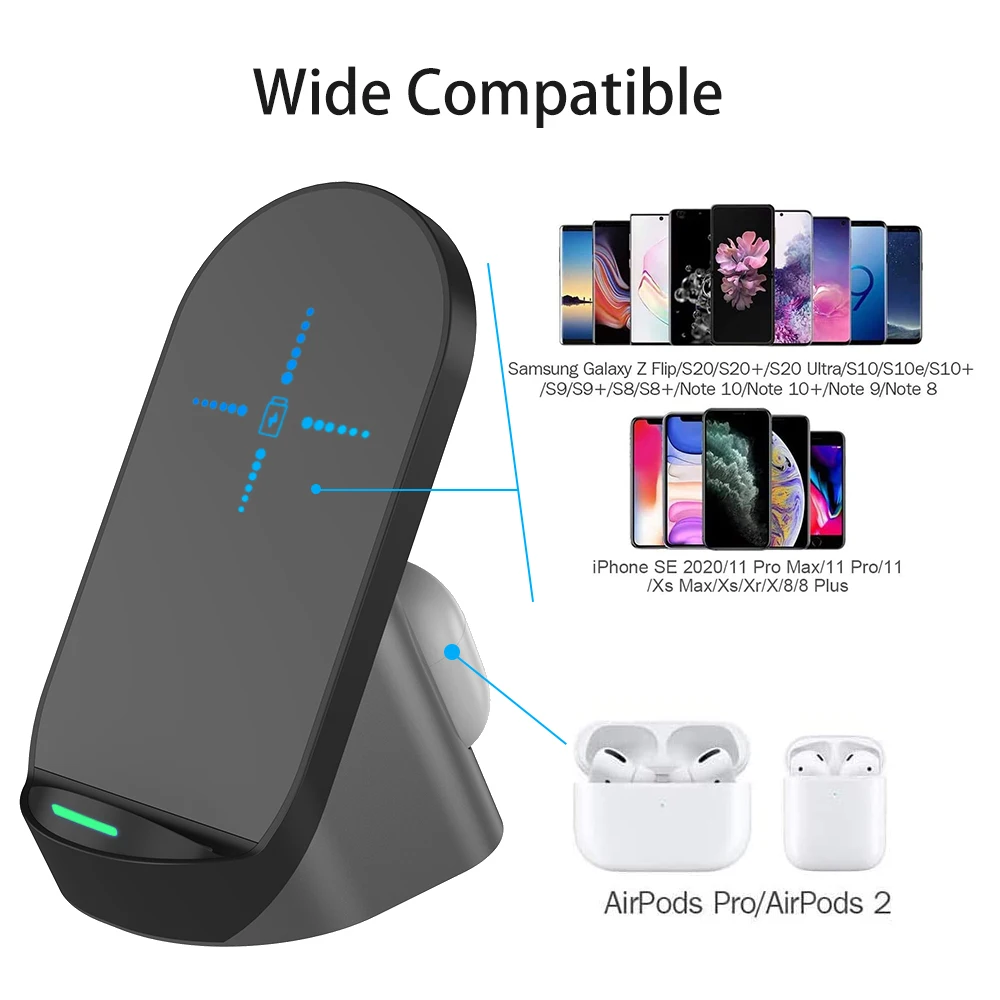 Universal 2-in-1 Wireless Charging Mount Fast Charging Dock for iPhone Samsung AirPods Vertical/Horizontal Charging Phone Holder