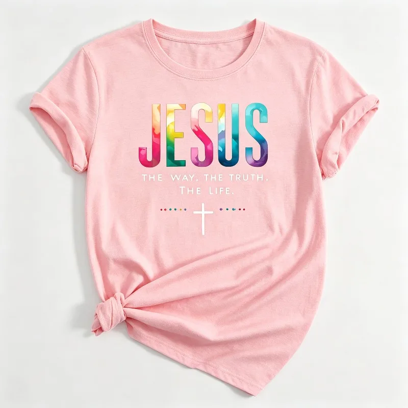 “JESUS the way the truth the life” T-Shirt for  Christian Faith Cross Graphic Print Casual Cotton Top Religious Female Tee Gift