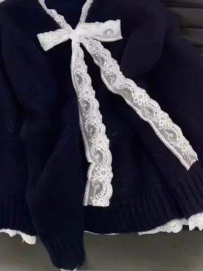 플러스 사이즈 레이지 슬레 브이넥 니트 스웨터 여성용 가을 고급 레이스 스플라이싱 페이크 투피스 탑 편안한 루즈핏