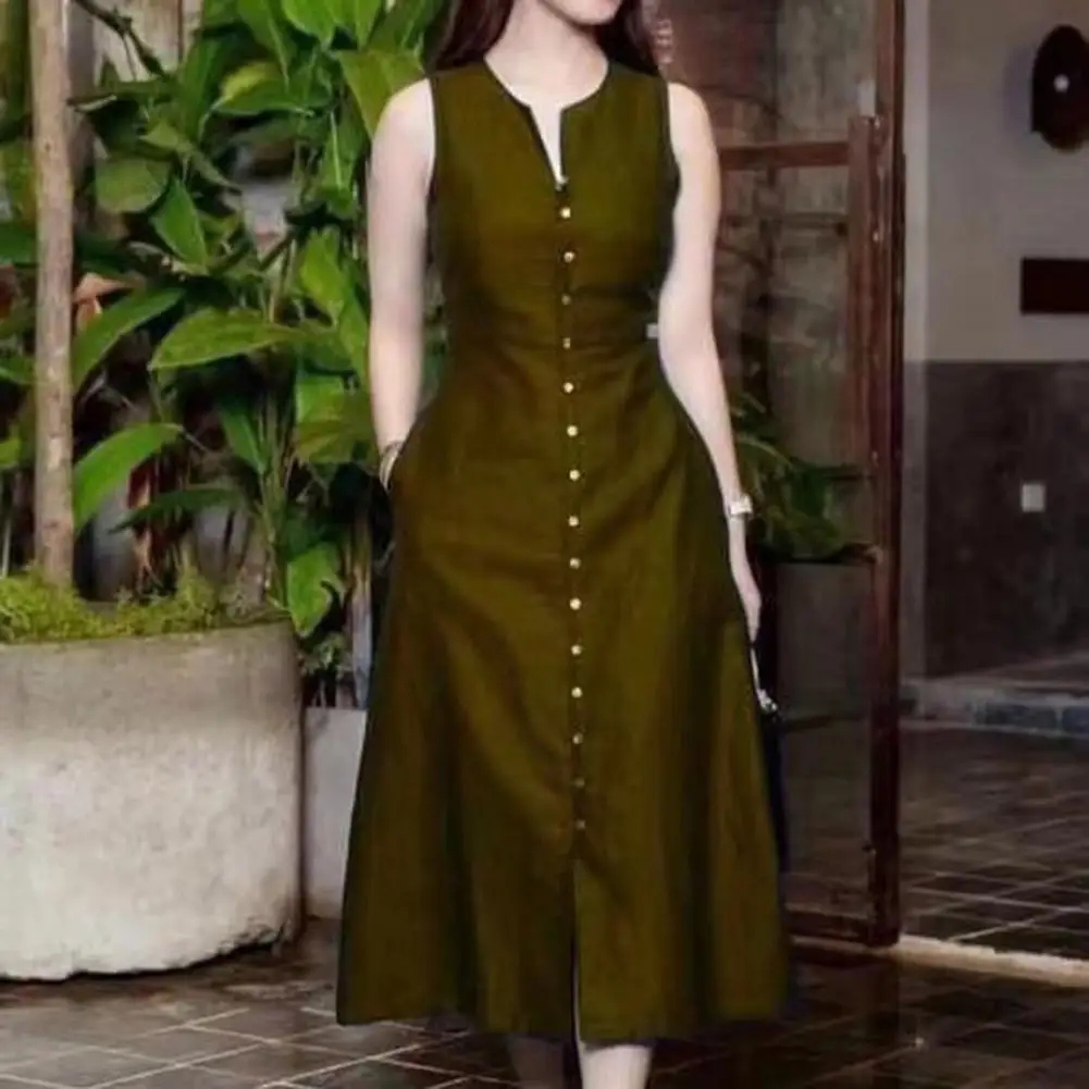 

A-line Midi Dress Elegant V Neck Midi Dress with Buttons Pockets for Women A-line Summer Dress with Tight Waist Mid-calf Length