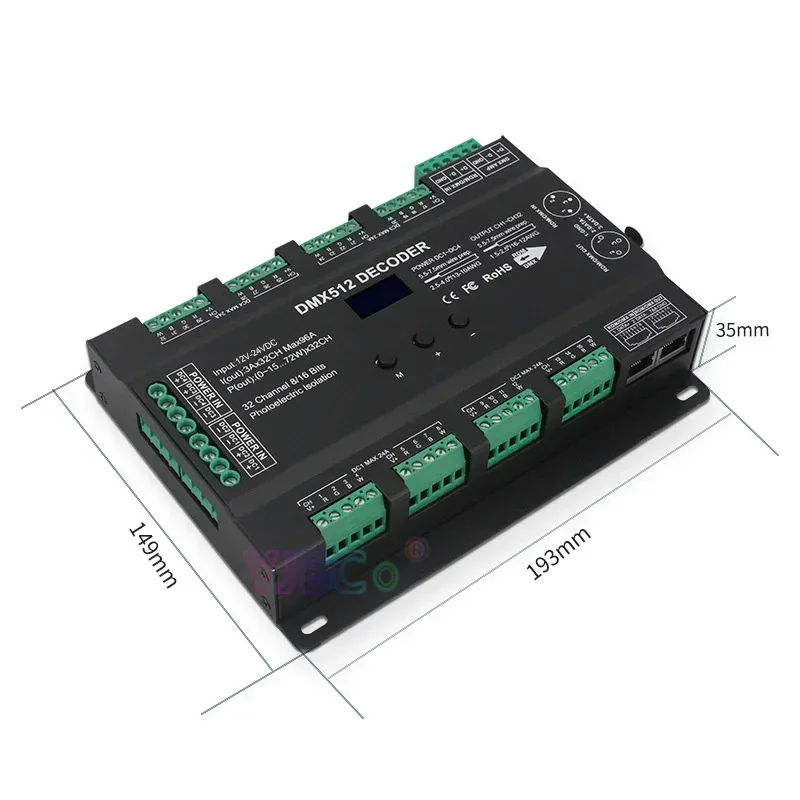 12V~24V 32 Channels DMX512 decoder 3A* 32CH OLED screen RGB/RGBW LED Strip DMX decoder Controller PWM DMX512/RDM signal dimmer