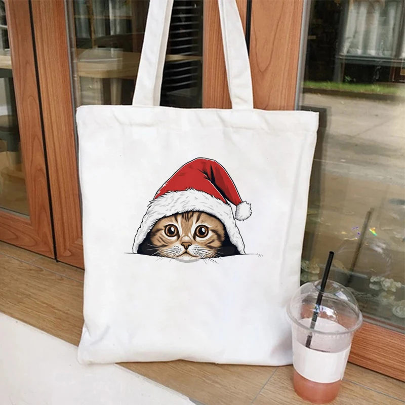 Canvas Women Handbags Christmas Cat Print Tote Bag Shopping Bags Reusable Shoulder Bag for Student Teen Christmas Gift Handbags