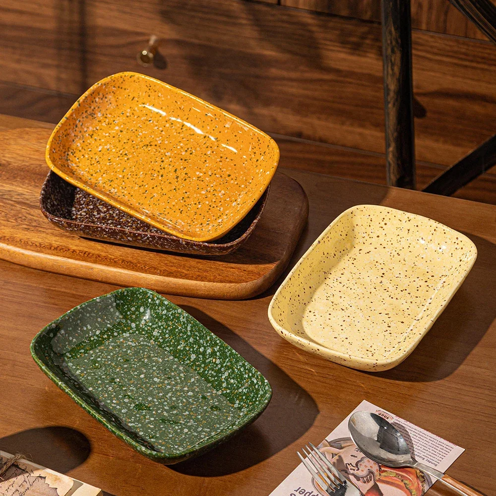 Korean Splash Ink Ceramic Plate Rectangle Porcelain Homehold Dinnerware Fruit Snacks Dessert Cake Salad Plates Kitchen Supplies
