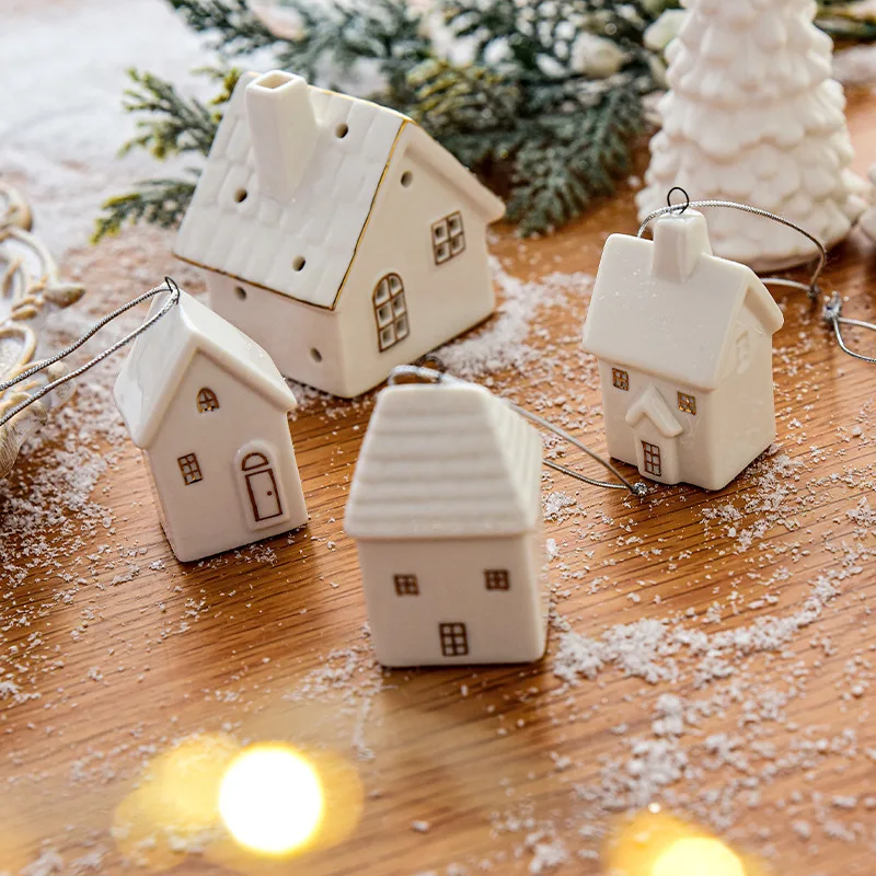 White Christmas Ceramic Santa Claus House Pendant Hollow out Snow House Xmas Tree Charms Decoration Happy New Year Decoration