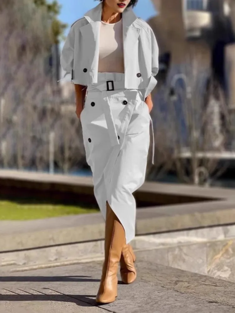 

Spring Street Style Simple Solid Color Skirt Set Women's Elegant Style Lapel Top Tie Button Skirt Commuting Two-piece Set