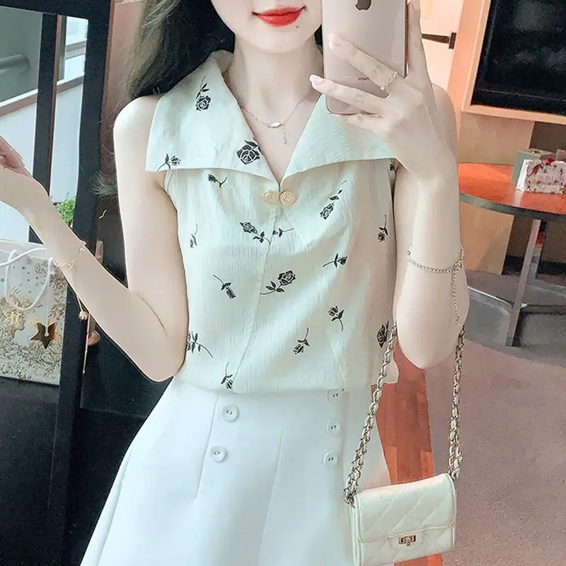 Floral Women's Summer 2024 New Pullover Turndown Collar Button Printing Loose and Comfortable Sleeveless Tank Top Blouses Shirts