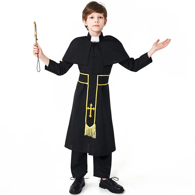 Costume da padre della chiesa dei ragazzi per Halloween Carnival Boy Suit gioco di ruolo Costume da sacerdote per bambini abito da pastore romano medievale