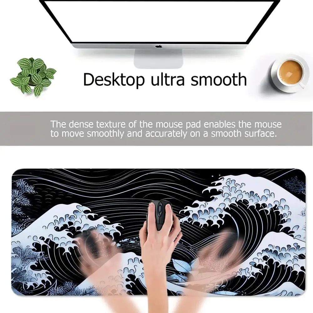 Japanese Wave Art Gaming Mouse Pad Extended Large Desk Mat with Stitched Edges Anti-wrinkle Non-Slip Rubber Base for PC Laptop