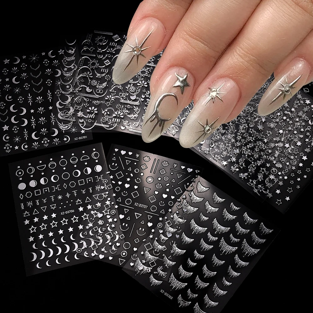 1 pz argento francese tasse/linea/stella/luna/amore adesivi per nail art 3D cascata/frangia cursore autoadesivo decalcomanie per manicure di lusso *