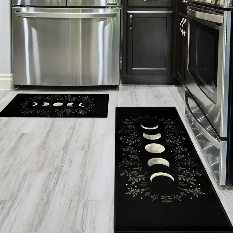 VIKAMA Witchy Floral Moon Cycle Long Carpet Minimalist Dark Botanical Pattern Waterproof Easy Clean Kitchen Decor Mat