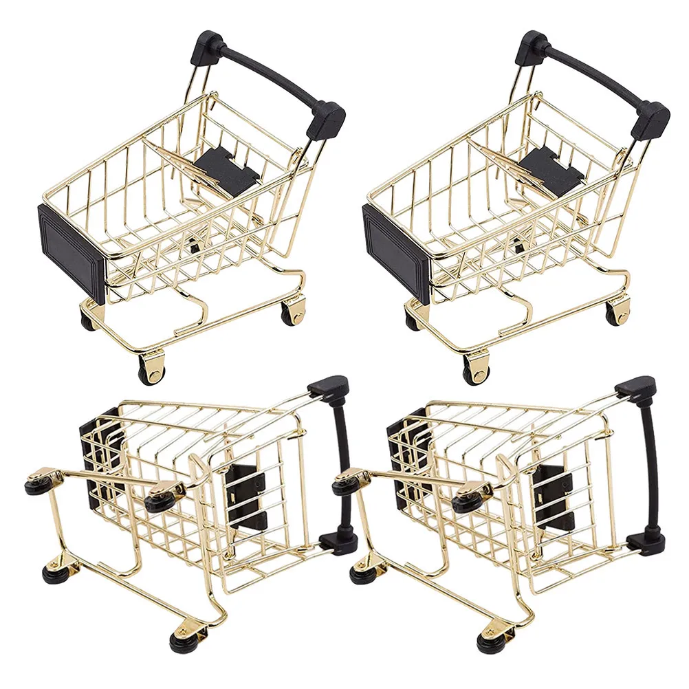 Carrito de compras de Metal para niños, Mini carrito de supermercado para juego de imitación, cesta de almacenamiento de escritorio, carrito de comestibles de simulación, 4 Uds.