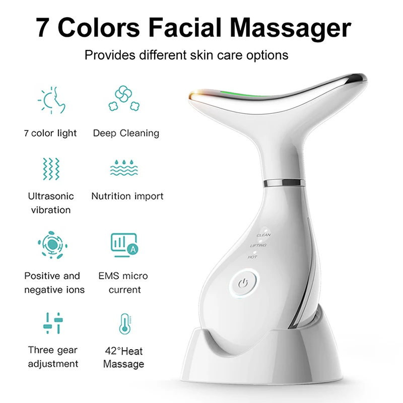 Massageador Facial e de Pescoço LED para Uso Doméstico, Vibração, 7 Cores, Instrumento de Beleza para Firmar a Pele e Anti-Rugas