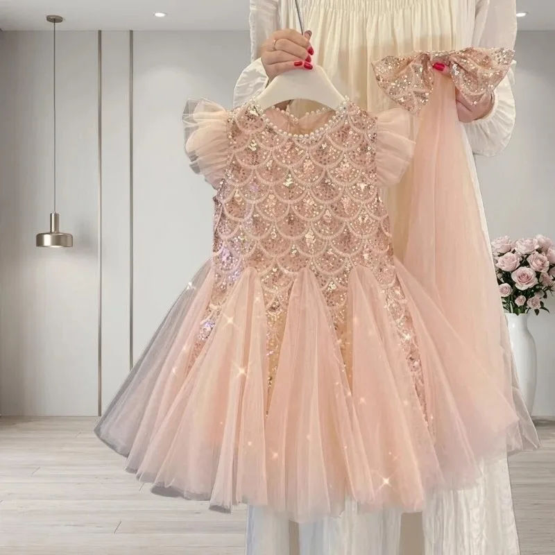 

Платье-русалка с пайетками для девочек 3-13 лет, блестящее праздничное платье принцессы с пышной сетчатой юбкой, без рукавов