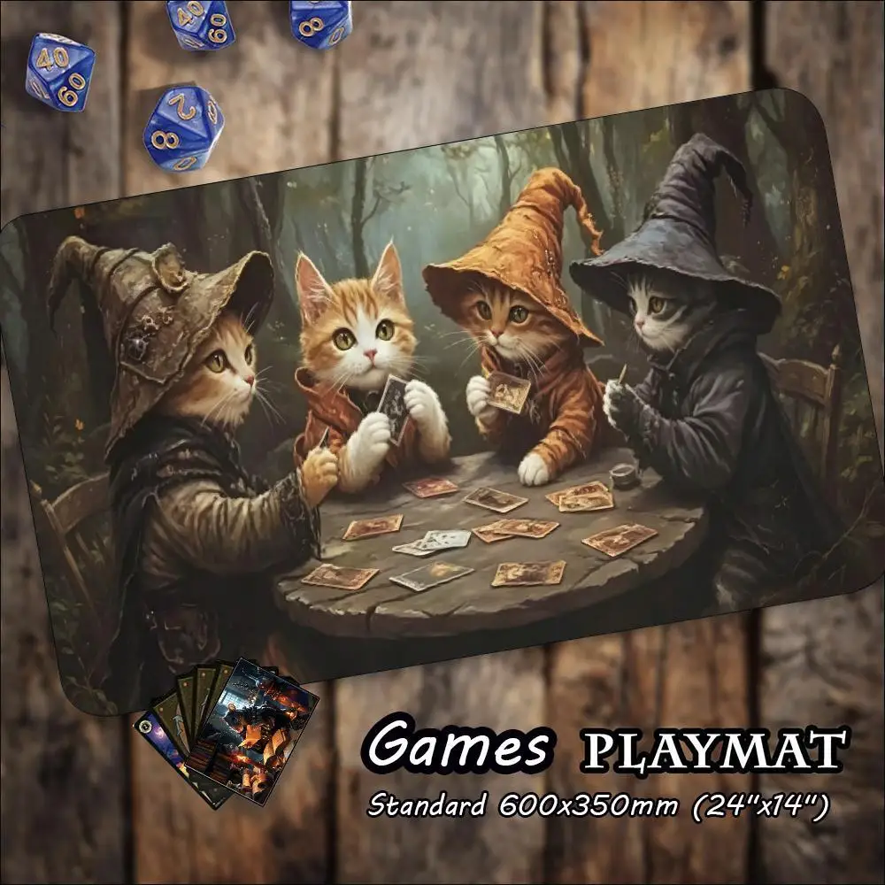 Whimsical Wizard Cats Large Game Mat Non‑Slip Rubber Playmat Enchanted Forest Fantasy Art for Trading Card Tabletop Gaming